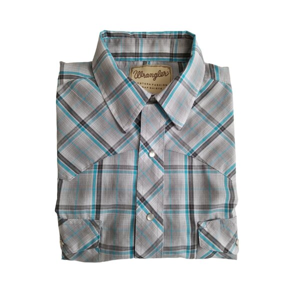 Men's Wrangler Western Fashion Pearl Snap Shirt Turquoise Plaid Short Sleeve - Picture 4 of 10